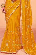 Mustard Gold Organza Satin Embroidered Saree with Contrast Blouse