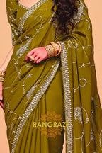 Olive Organza Satin Embroidered Saree with Contrast Blouse