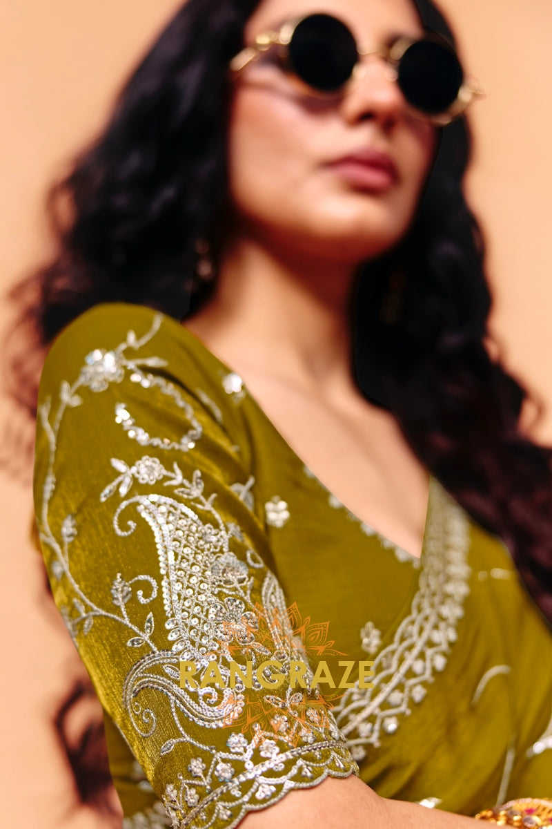 Olive Organza Satin Embroidered Saree with Contrast Blouse