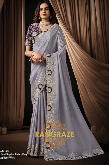 Silver Grey Satin Silk Oval Sequins Embroidered Saree with Designer Blouse