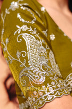 Olive Organza Satin Embroidered Saree with Contrast Blouse