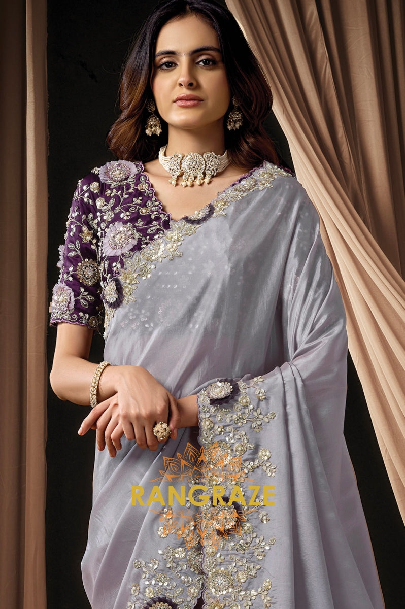 Silver Grey Satin Silk Oval Sequins Embroidered Saree with Designer Blouse