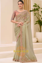 Sage Green Tissue Silk Embroidered Saree with Designer Blouse