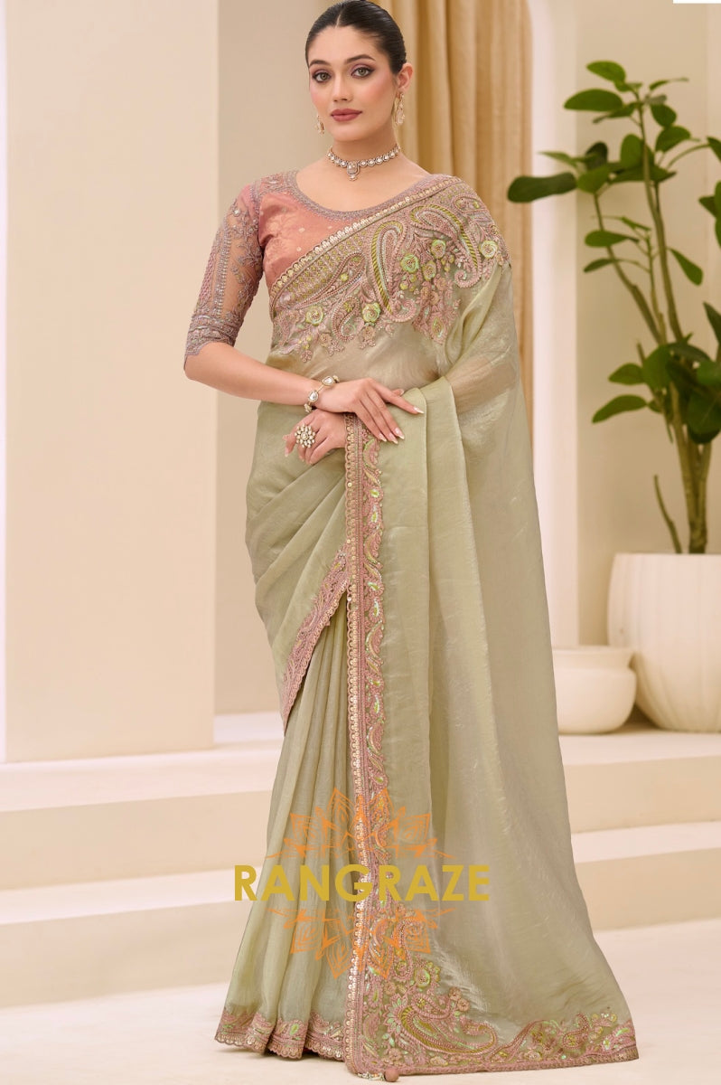 Sage Green Tissue Silk Embroidered Saree with Designer Blouse
