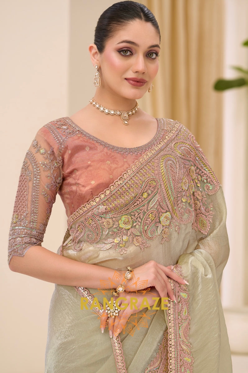 Sage Green Tissue Silk Embroidered Saree with Designer Blouse