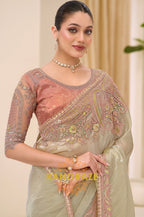 Sage Green Tissue Silk Embroidered Saree with Designer Blouse