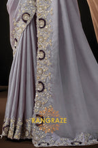 Silver Grey Satin Silk Oval Sequins Embroidered Saree with Designer Blouse