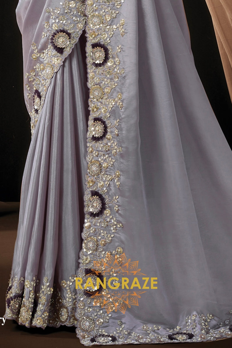 Silver Grey Satin Silk Oval Sequins Embroidered Saree with Designer Blouse