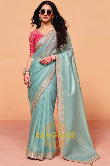 Mint Green Organza Satin Embroidered Saree with Rose Contrast Blouse