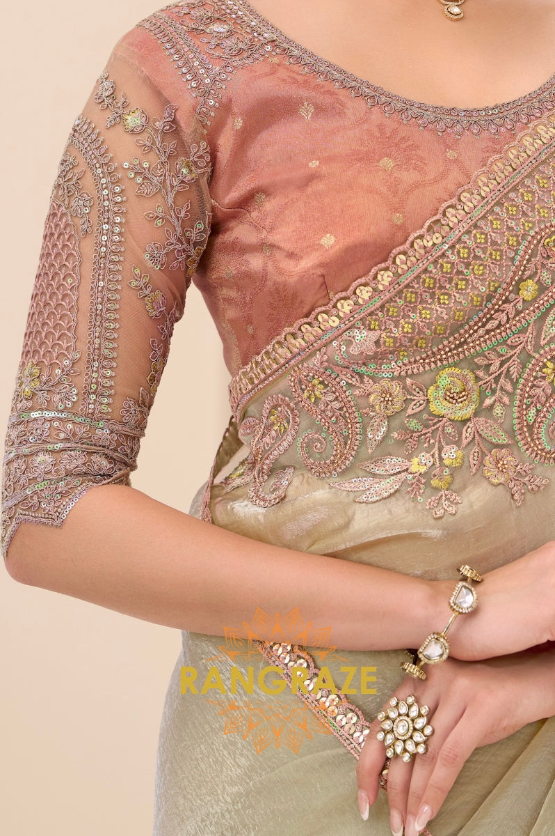 Sage Green Tissue Silk Embroidered Saree with Designer Blouse