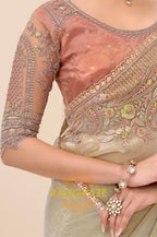 Sage Green Tissue Silk Embroidered Saree with Designer Blouse