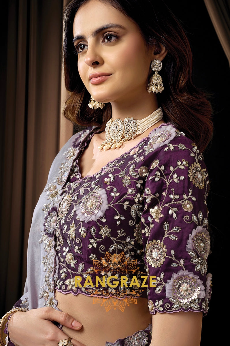 Silver Grey Satin Silk Oval Sequins Embroidered Saree with Designer Blouse