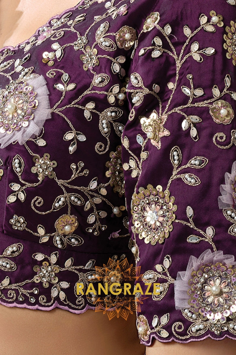 Silver Grey Satin Silk Oval Sequins Embroidered Saree with Designer Blouse