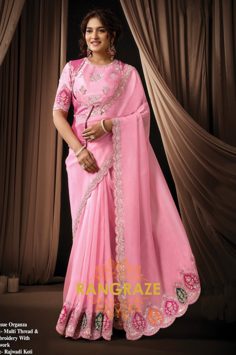 Pink Tissue Organza Embroidered Saree with Rajwada Koti