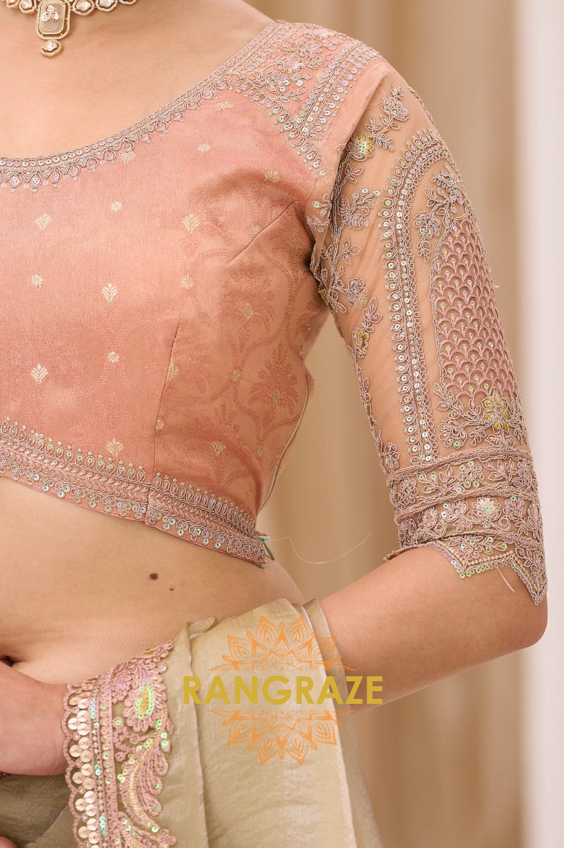 Sage Green Tissue Silk Embroidered Saree with Designer Blouse