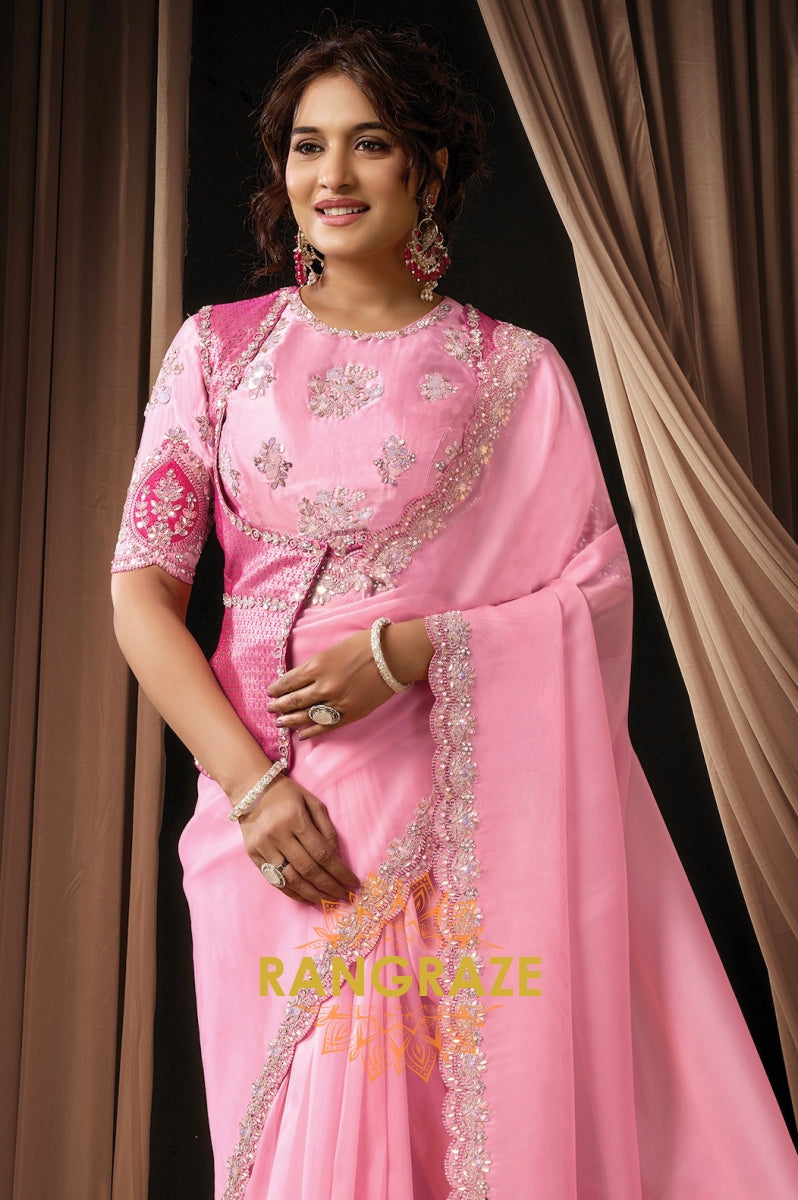 Pink Tissue Organza Embroidered Saree with Rajwada Koti