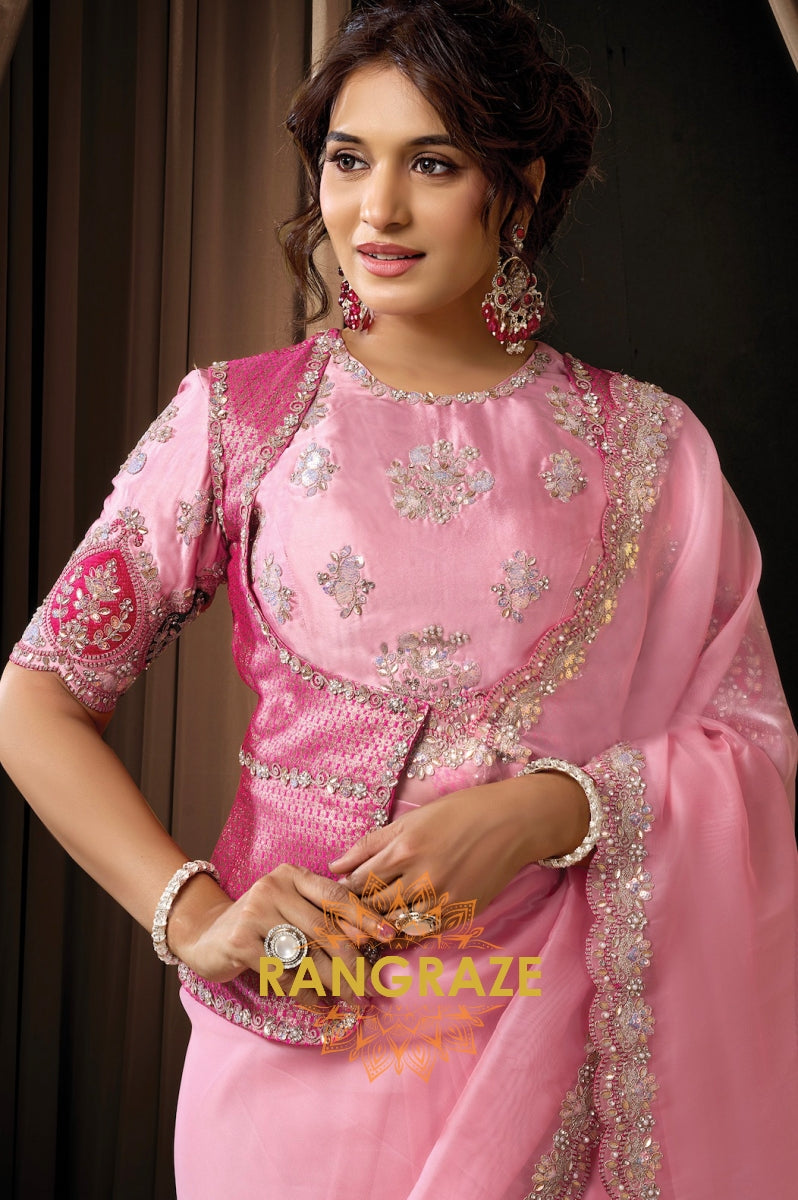 Pink Tissue Organza Embroidered Saree with Rajwada Koti