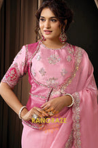 Pink Tissue Organza Embroidered Saree with Rajwada Koti