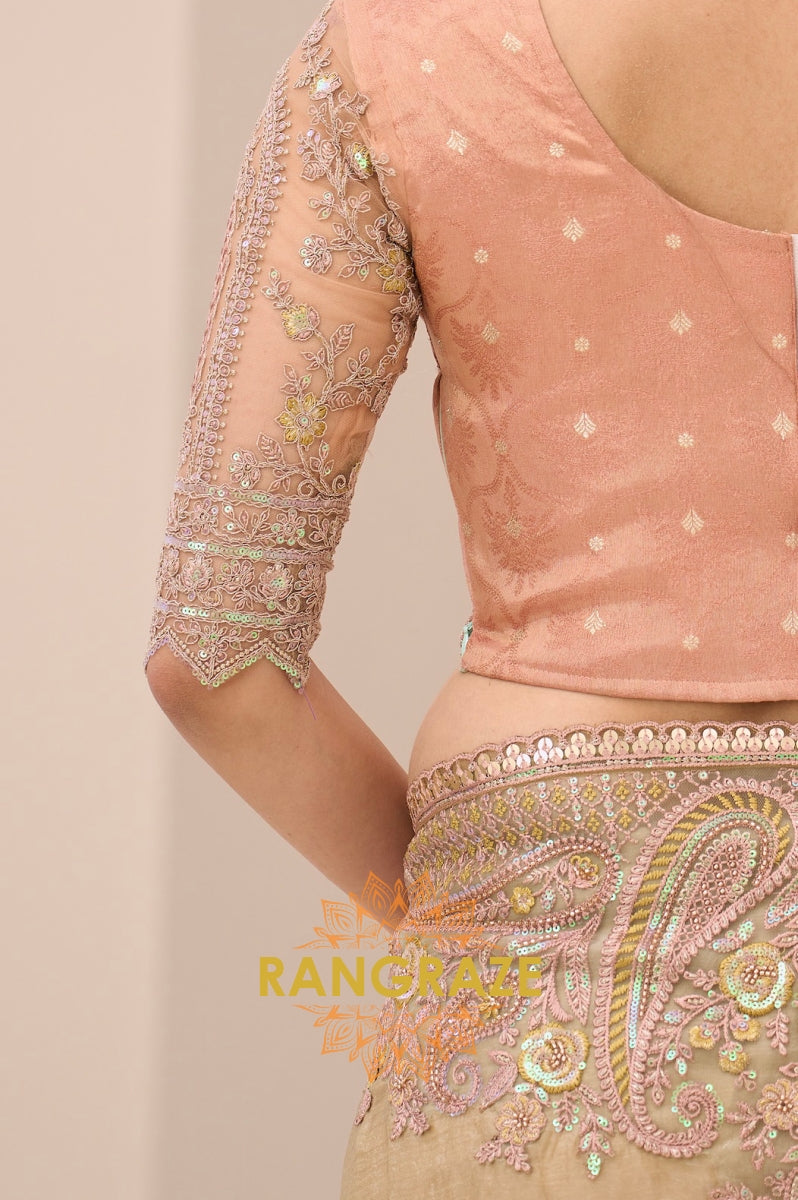 Sage Green Tissue Silk Embroidered Saree with Designer Blouse