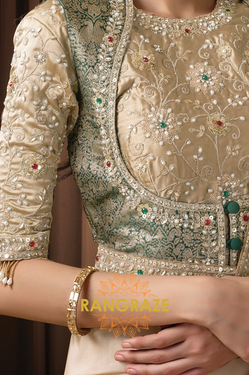 Champagne Zari Organza Satin Embroidered Saree with Rajwadi Koti Blouse