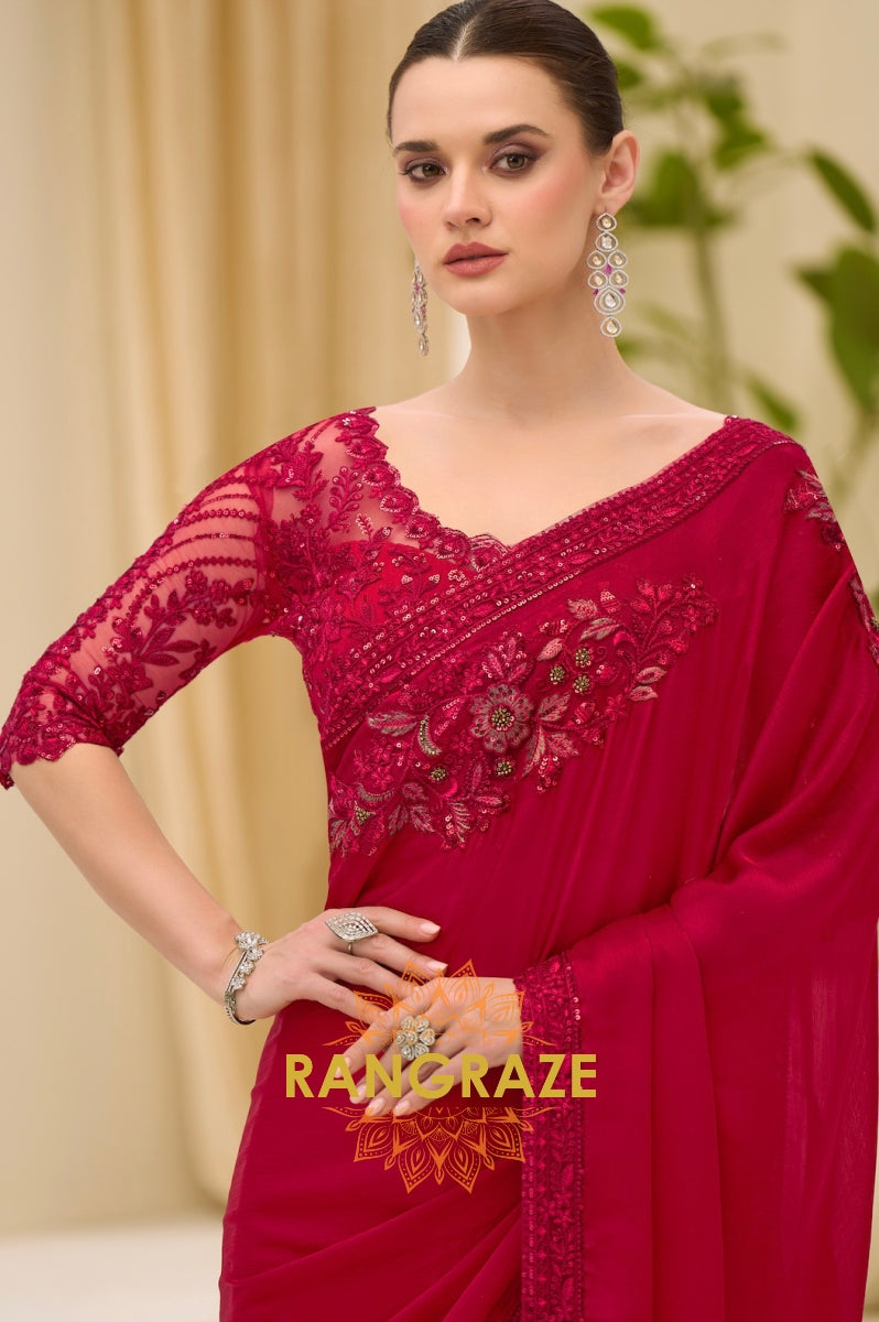 Elegant Red Satin Chiffon Embroidery Saree with Designer Blouse