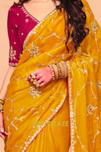 Mustard Gold Organza Satin Embroidered Saree with Contrast Blouse