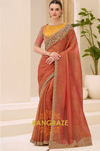 Dual Shade Rust Gold Silk Embroidered Saree with Designer Blouse