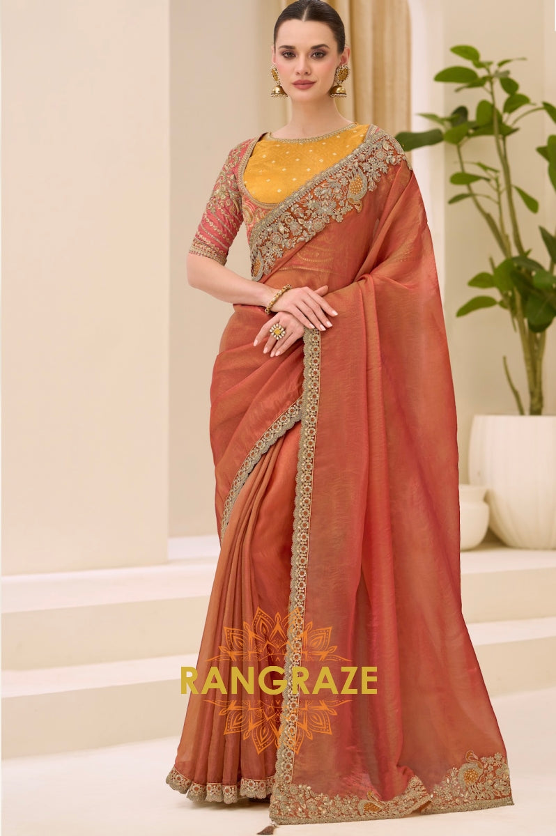 Dual Shade Rust Gold Silk Embroidered Saree with Designer Blouse