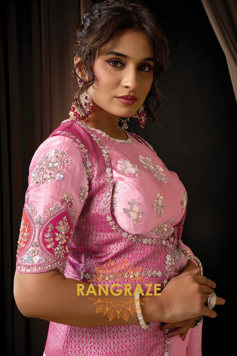 Pink Tissue Organza Embroidered Saree with Rajwada Koti
