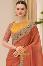 Dual Shade Rust Gold Silk Embroidered Saree with Designer Blouse