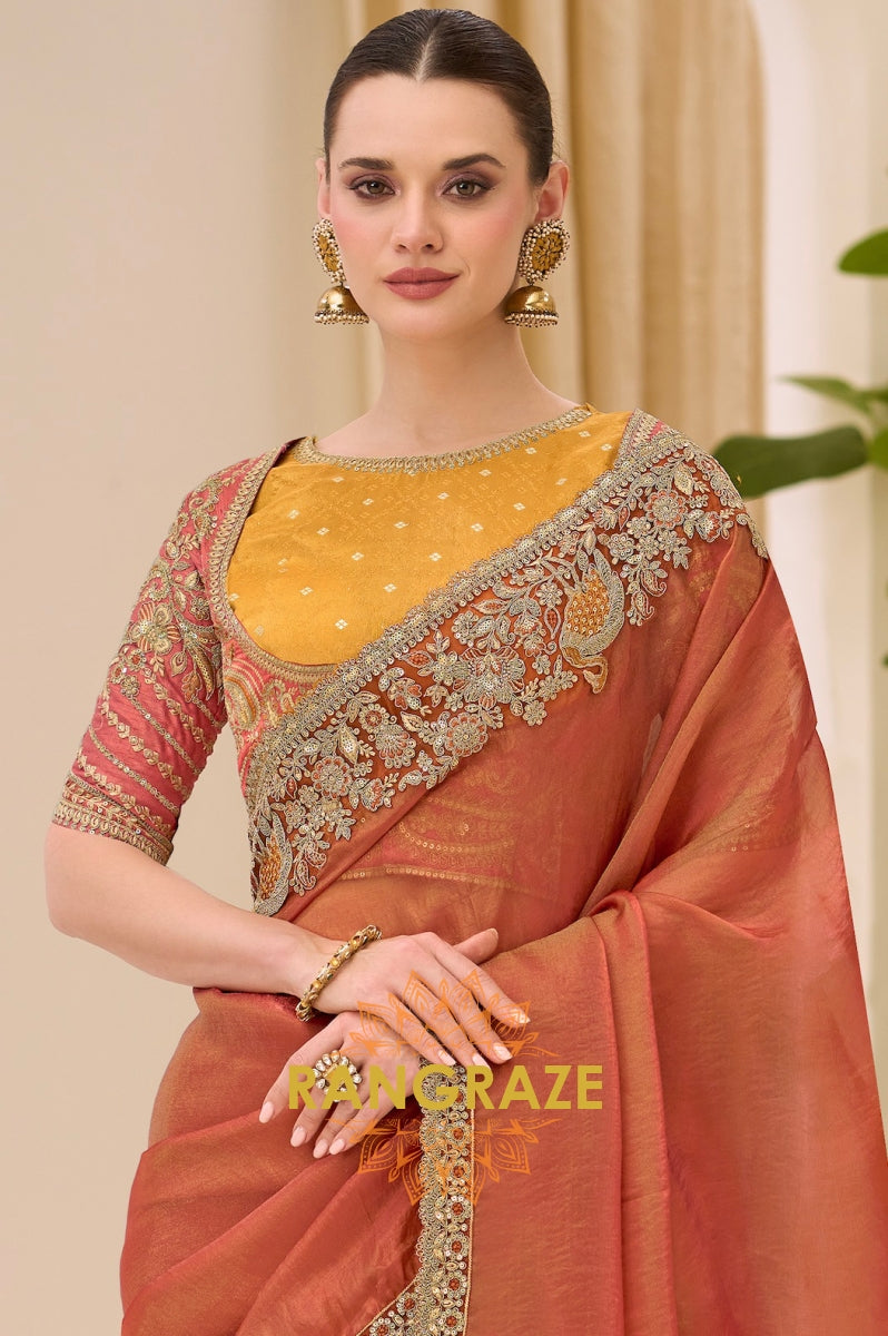Dual Shade Rust Gold Silk Embroidered Saree with Designer Blouse