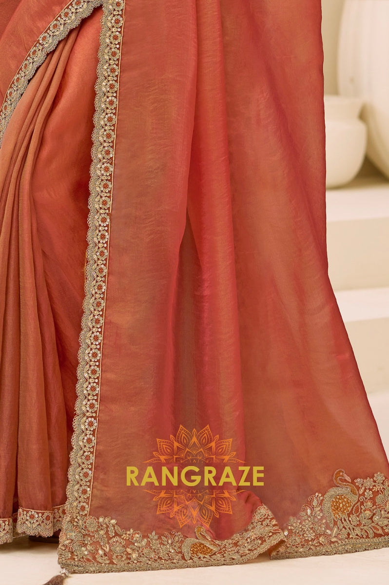Dual Shade Rust Gold Silk Embroidered Saree with Designer Blouse