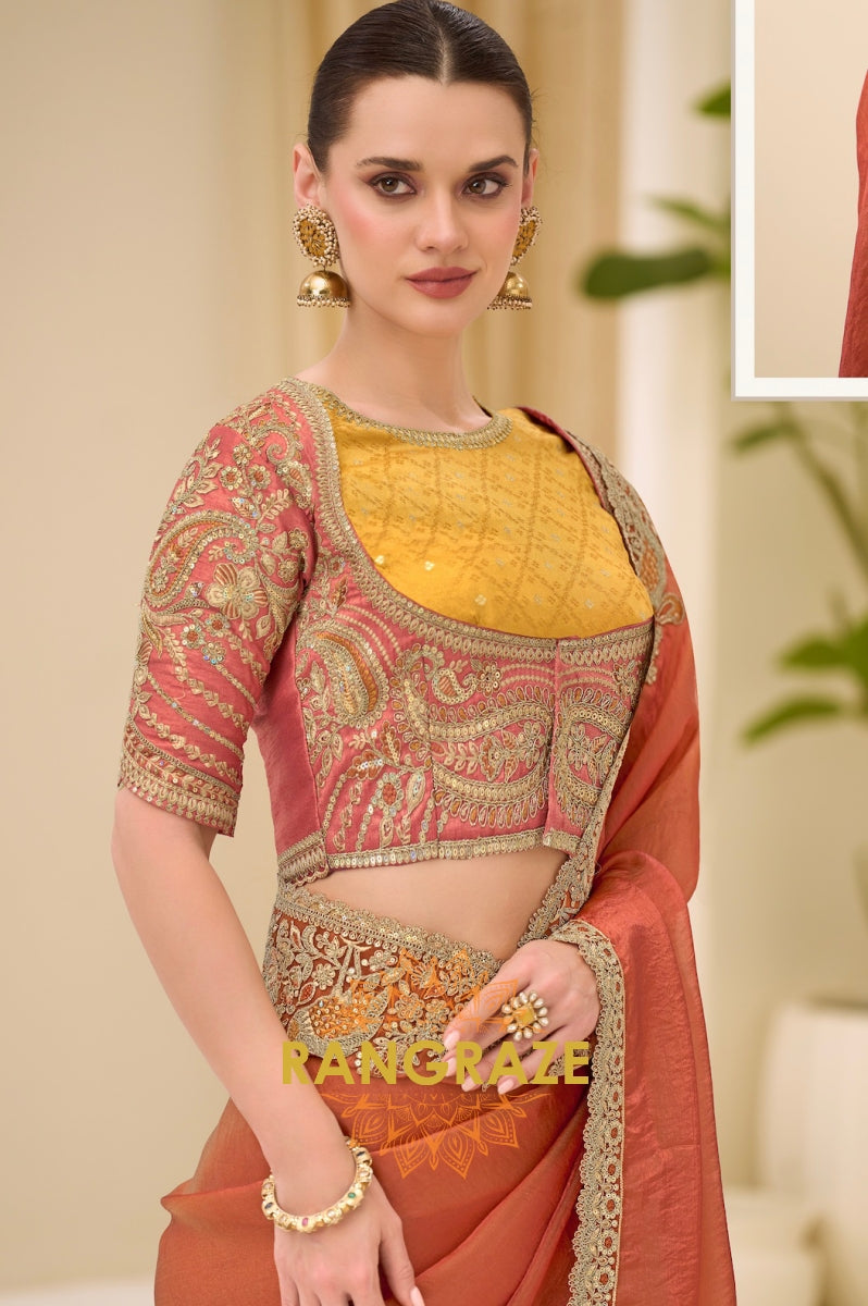 Dual Shade Rust Gold Silk Embroidered Saree with Designer Blouse
