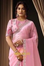 Pink Tissue Organza Embroidered Saree with Rajwada Koti