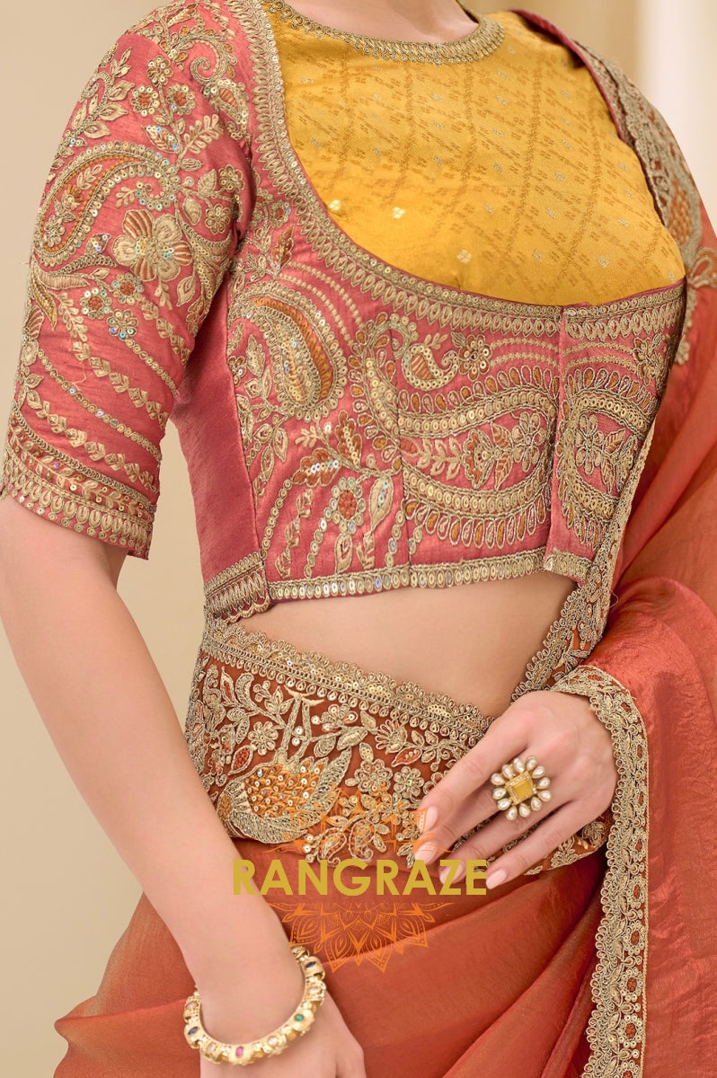 Dual Shade Rust Gold Silk Embroidered Saree with Designer Blouse