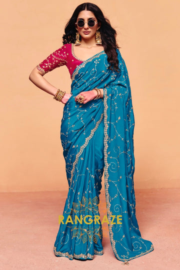 Teal Blue Organza Satin Embroidered Saree with Rose Contrast Blouse