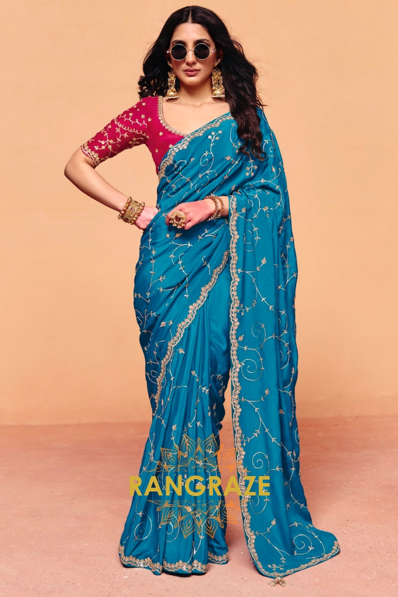 Teal Blue Organza Satin Embroidered Saree with Rose Contrast Blouse