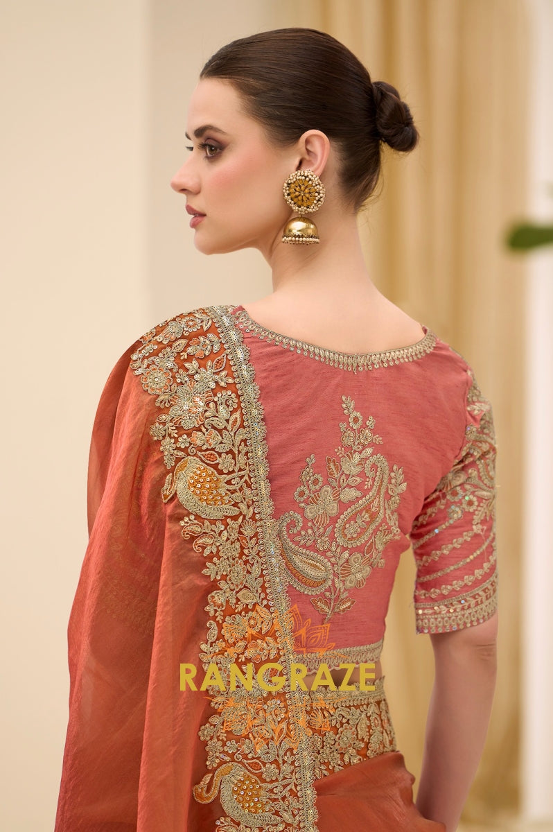 Dual Shade Rust Gold Silk Embroidered Saree with Designer Blouse