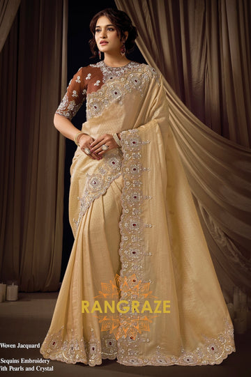 Champagne Gold Satin Silk Embroidered Saree with Designer Blouse