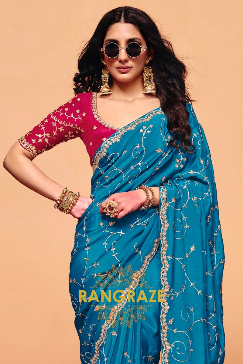 Teal Blue Organza Satin Embroidered Saree with Rose Contrast Blouse