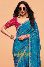 Teal Blue Organza Satin Embroidered Saree with Rose Contrast Blouse