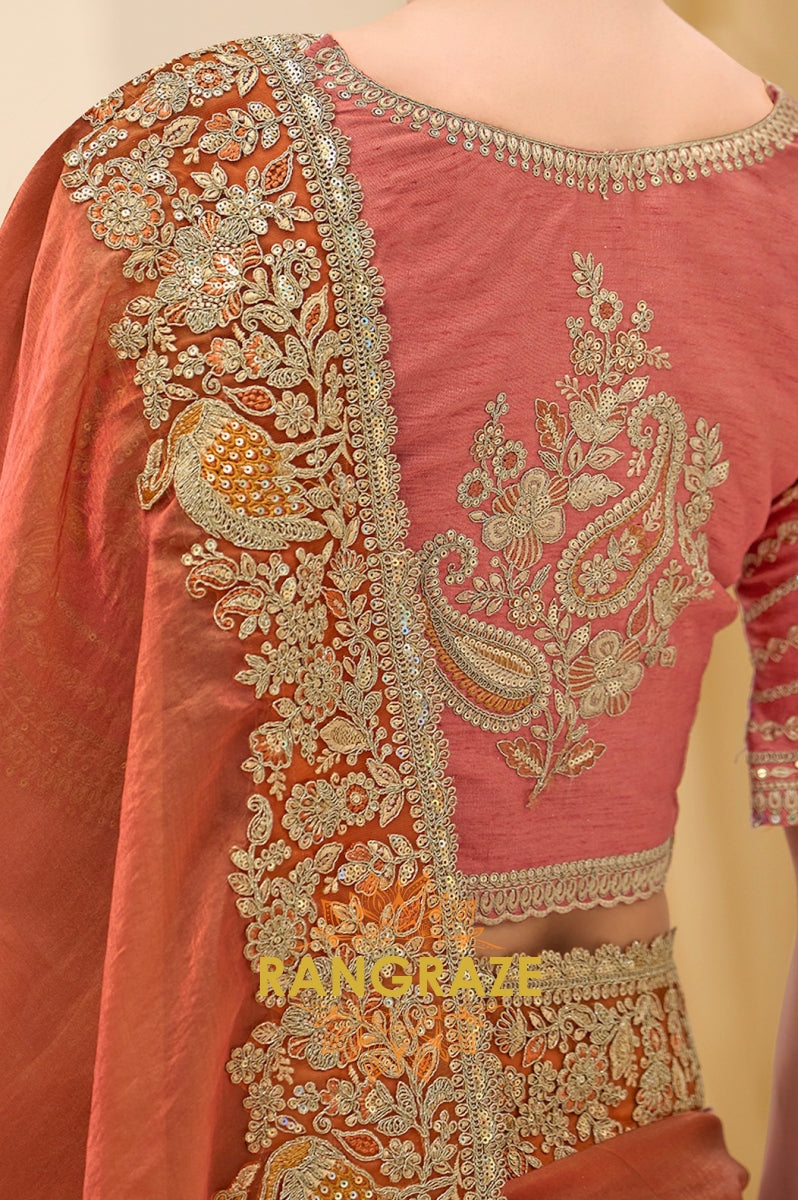 Dual Shade Rust Gold Silk Embroidered Saree with Designer Blouse