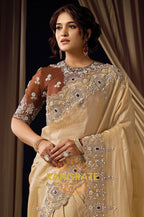 Champagne Gold Satin Silk Embroidered Saree with Designer Blouse