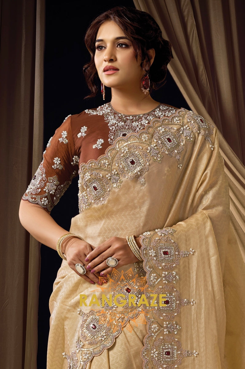 Champagne Gold Satin Silk Embroidered Saree with Designer Blouse