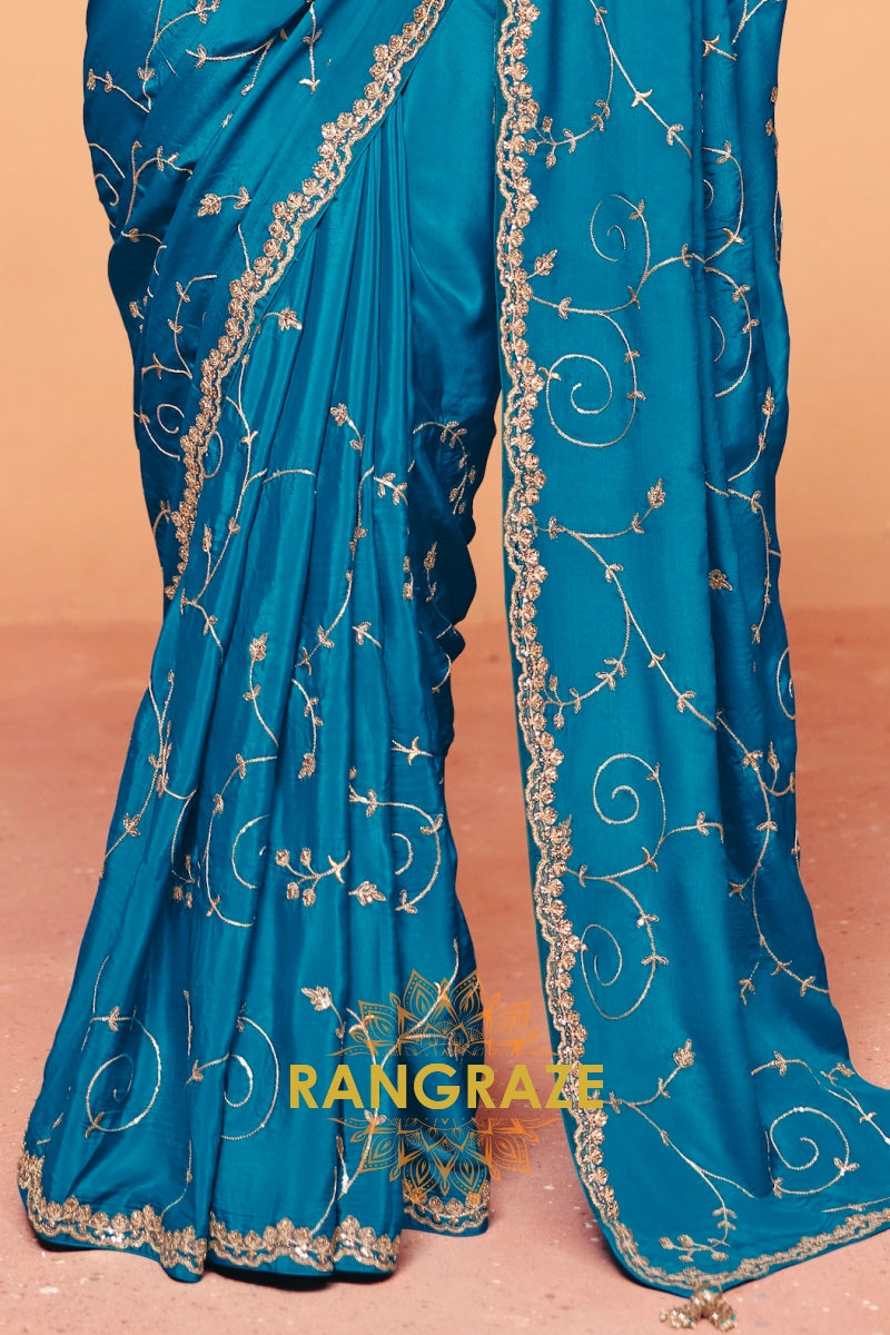 Teal Blue Organza Satin Embroidered Saree with Rose Contrast Blouse