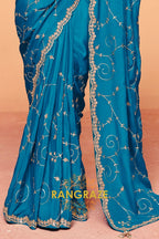 Teal Blue Organza Satin Embroidered Saree with Rose Contrast Blouse