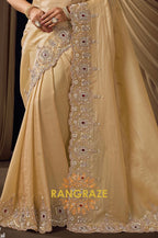 Champagne Gold Satin Silk Embroidered Saree with Designer Blouse