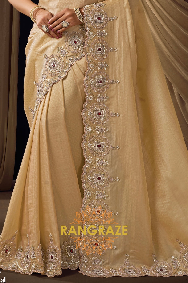 Champagne Gold Satin Silk Embroidered Saree with Designer Blouse