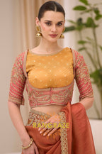 Dual Shade Rust Gold Silk Embroidered Saree with Designer Blouse