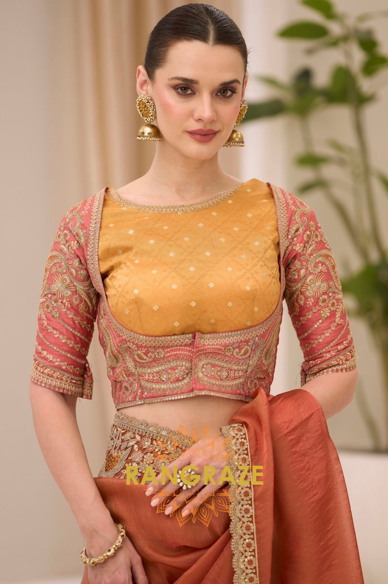 Dual Shade Rust Gold Silk Embroidered Saree with Designer Blouse